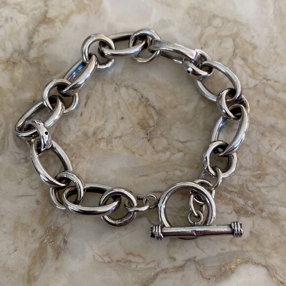 925 Sterling Silver Chunky Oval Links Toggle Bracelet 9” - Picture 5 of 9